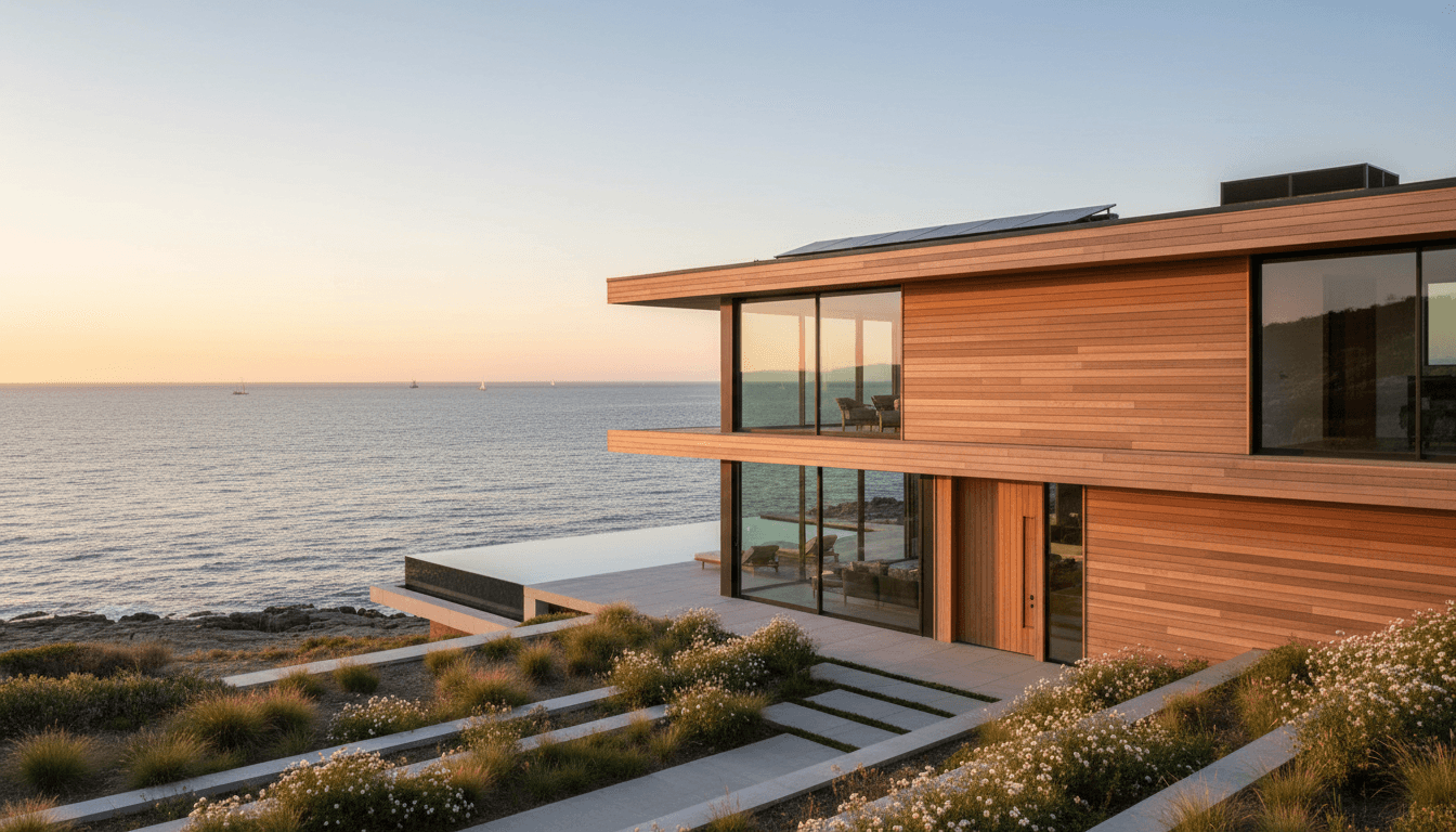 Modern coastal residential retreat with natural wood exterior, large windows, and integrated solar panels overlooking water