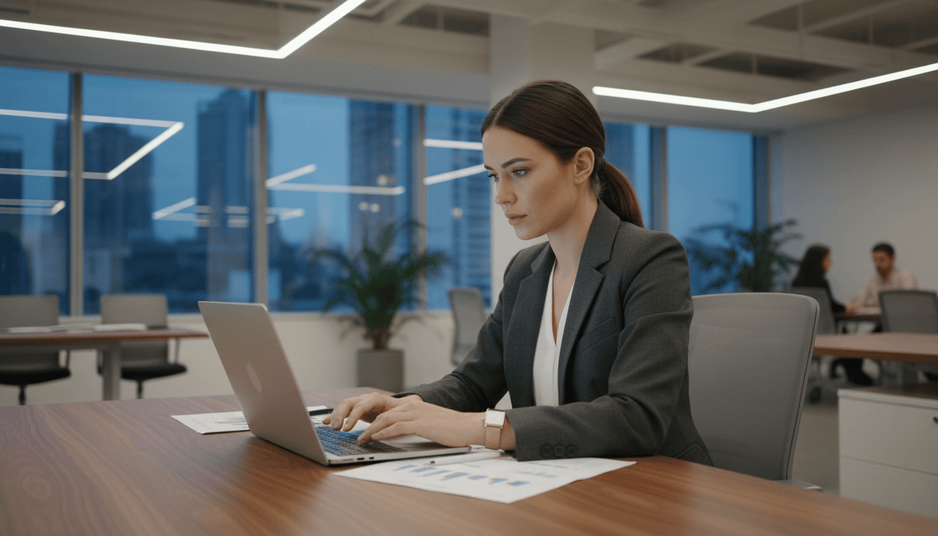 Professional real estate agent reviewing AI-powered lead data on laptop in modern office