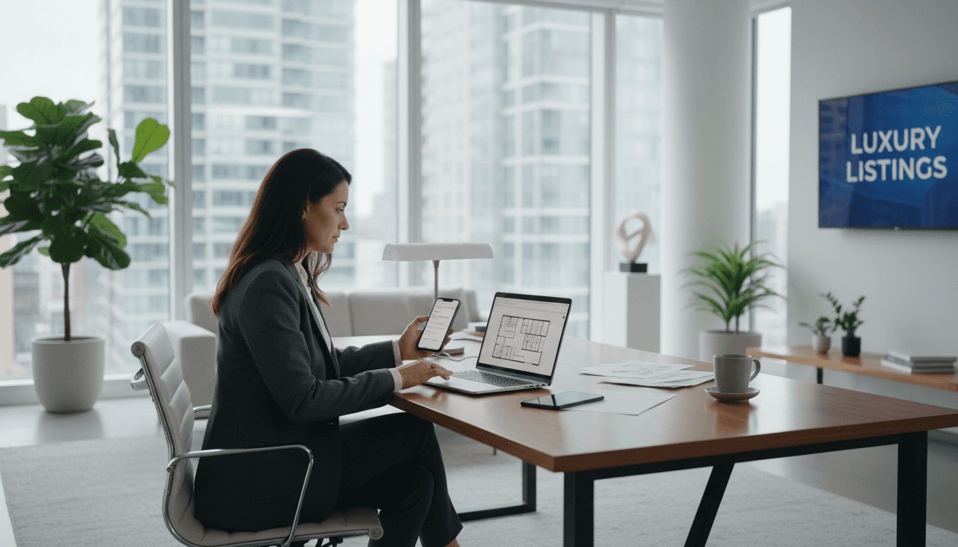 Real estate agent working on laptop and smartphone in modern office setting.