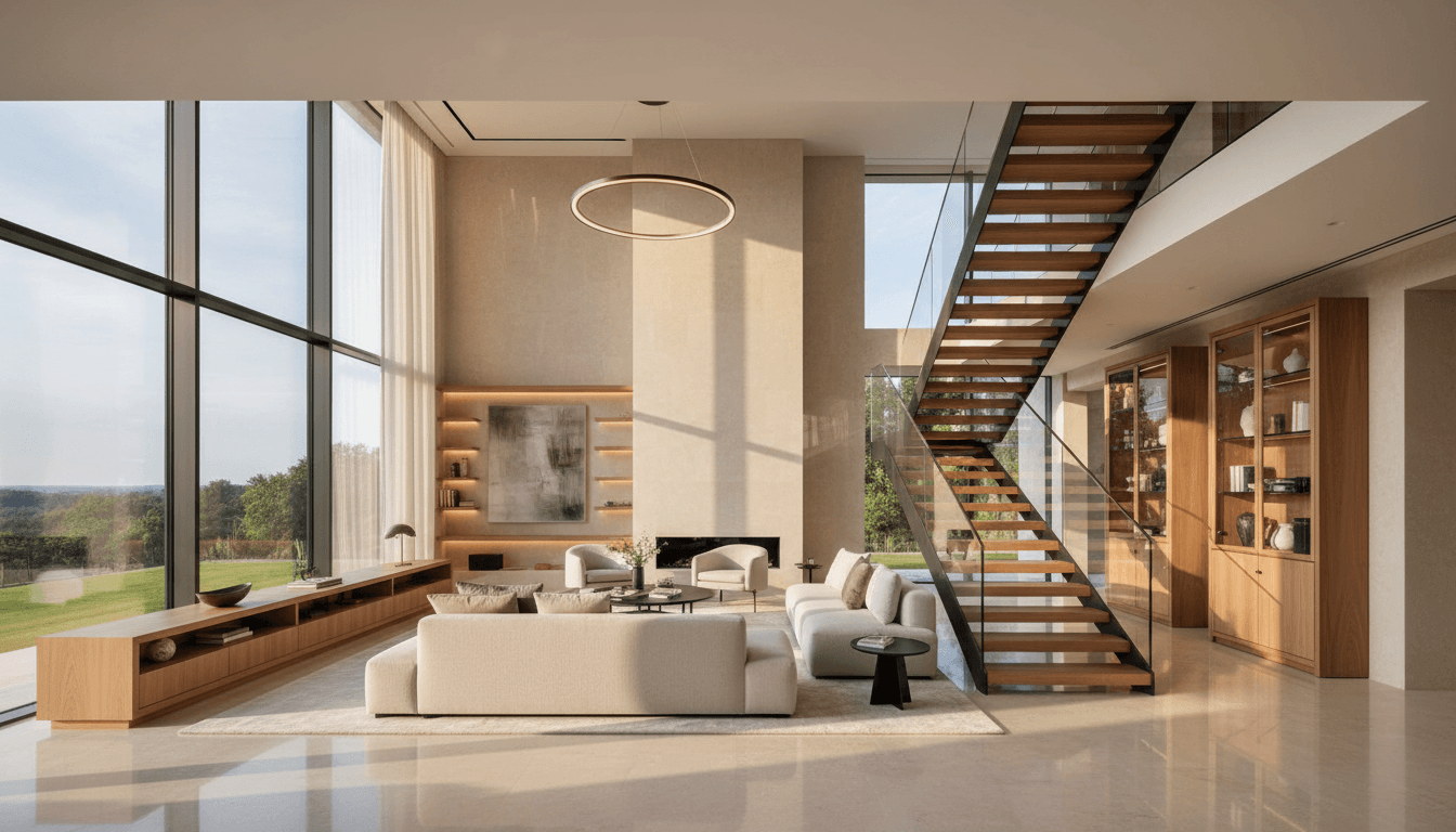 Modern luxury estate interior with double-height living space, marble floors, floor-to-ceiling windows, and dramatic contemporary architecture