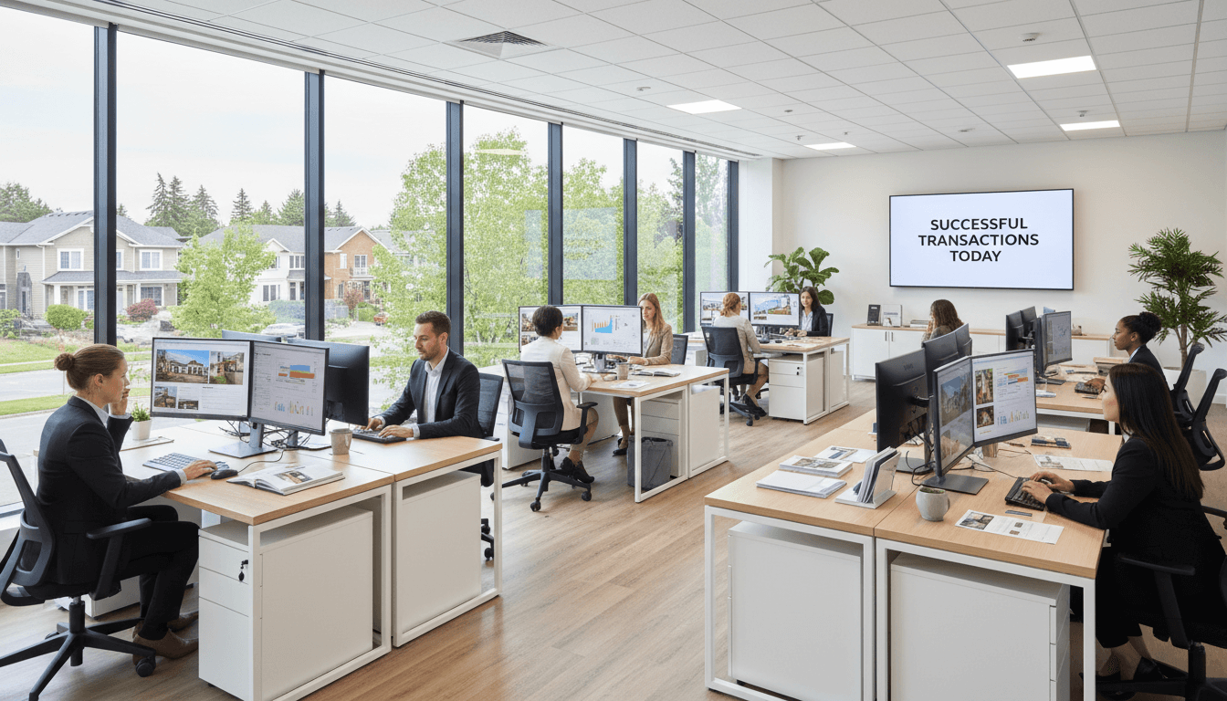 Busy real estate office with multiple agents at desks, computer monitors, and large windows overlooking residential neighborhood