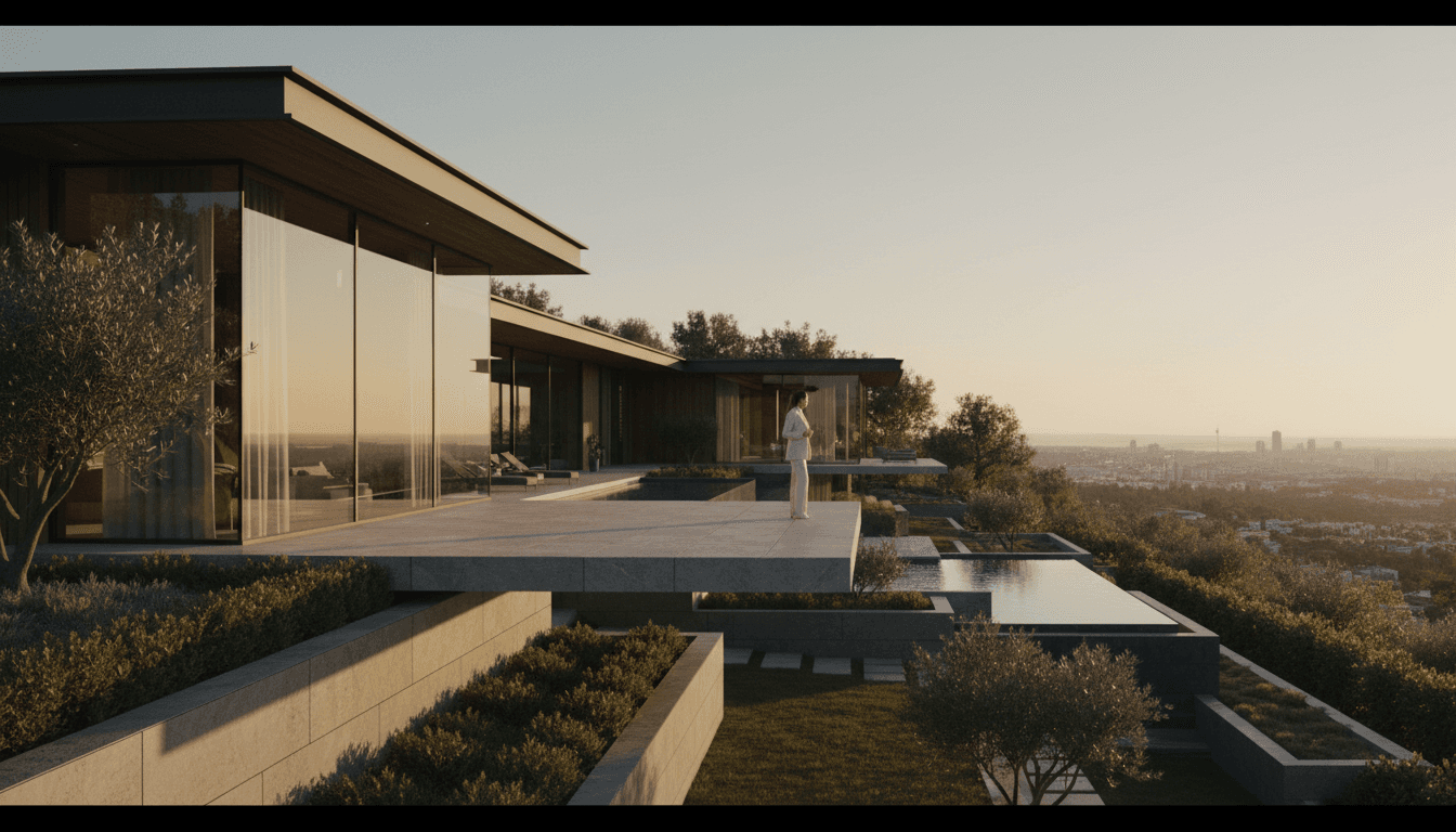 Contemporary luxury home exterior with geometric architecture, expansive windows, manicured grounds, and distant city views during golden hour