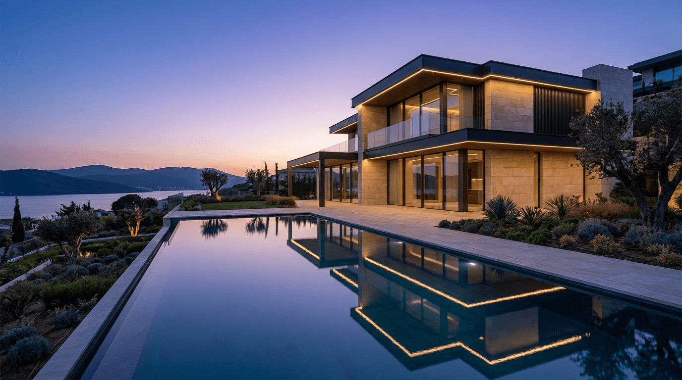 Modern luxury villa exterior at dusk with infinity pool reflection, contemporary architecture, warm stone cladding, and subtle ambient lighting.