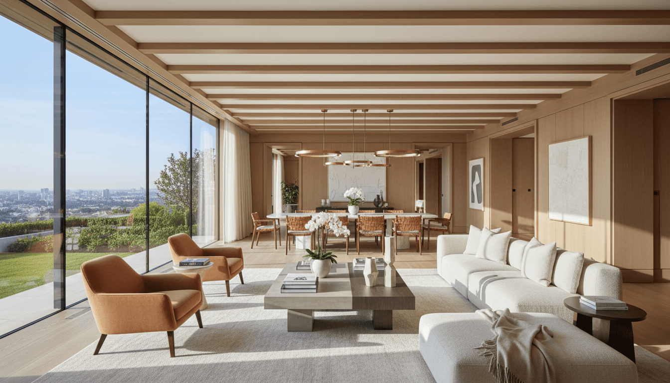 Luxury residential property with sunlit open-plan living space, floor-to-ceiling windows, and premium furnishings