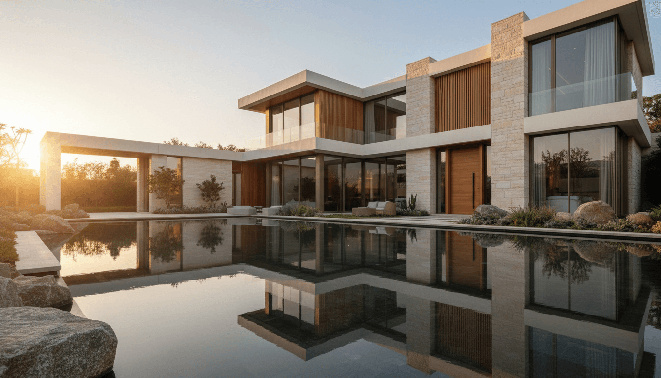 Luxury modern villa exterior with glass panels, reflecting pool, and manicured landscape photographed during golden hour sunlight