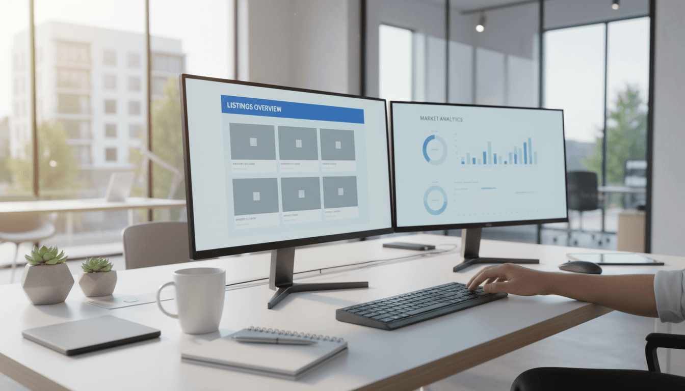 Real estate professional at desk with digital automation interface showing lead qualification metrics