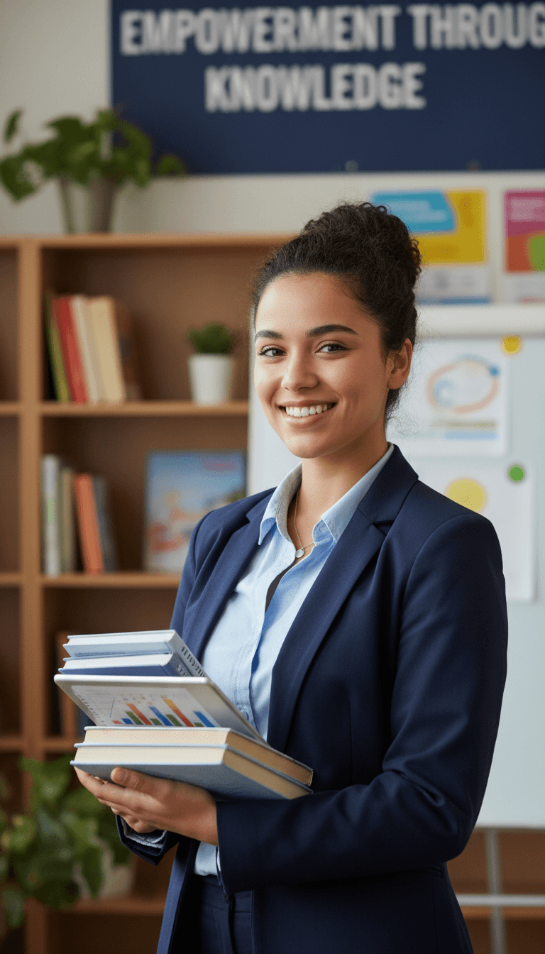 Young woman from marginalized community standing confidently in learning space, smiling with educational materials