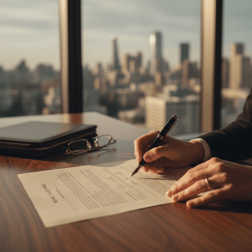 Wealth advisor's hands reviewing investment policy document with fountain pen at luxury wooden desk with city view