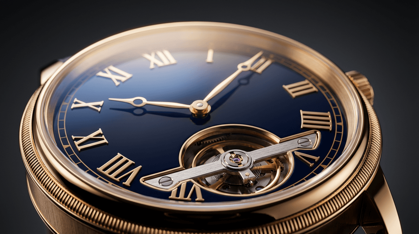 Luxury mechanical watch dial in macro detail with gold case, blue enamel, and precise hand positioning in studio lighting.