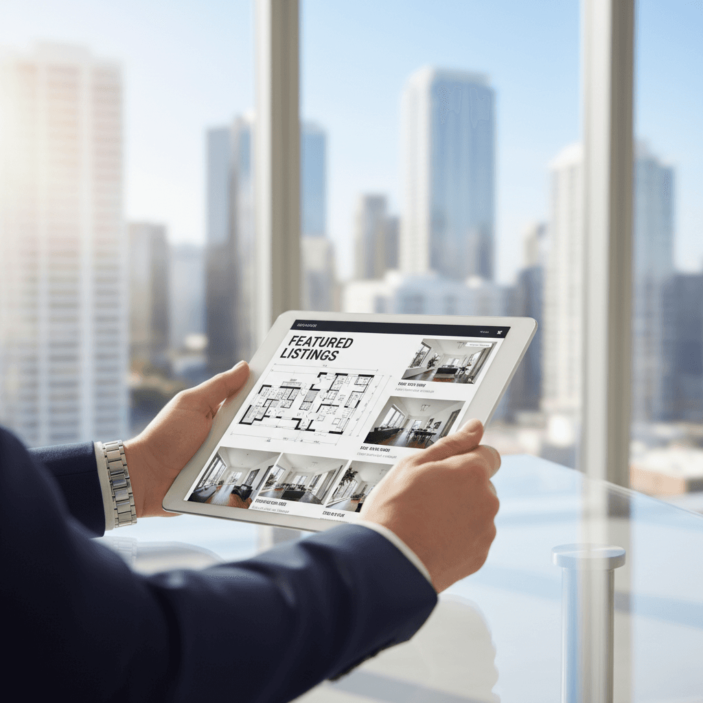 Real estate professional using AI automation dashboard on tablet