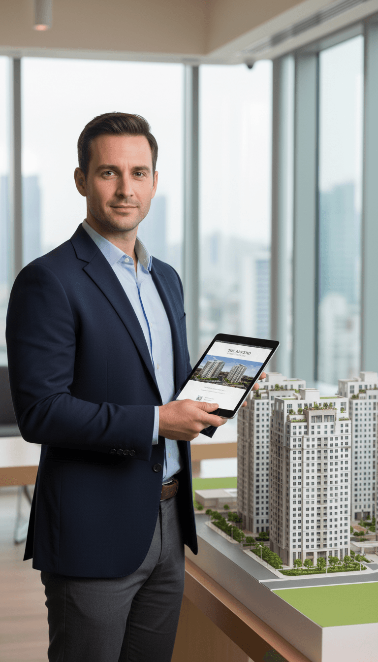 Male real estate developer standing with architectural model and tablet displaying digital property marketing website