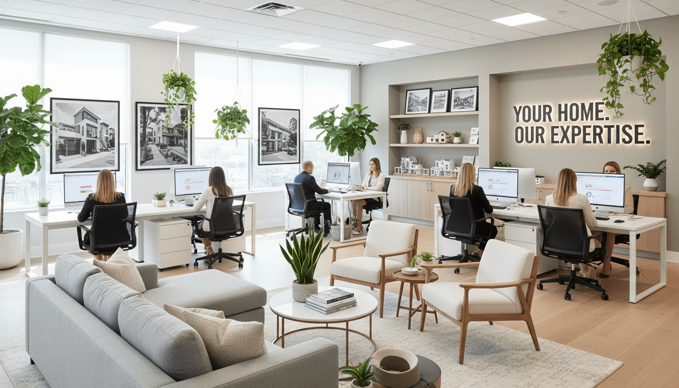 Modern real estate office with multiple agents at desks, property listing displays, and comfortable client seating area with natural lighting