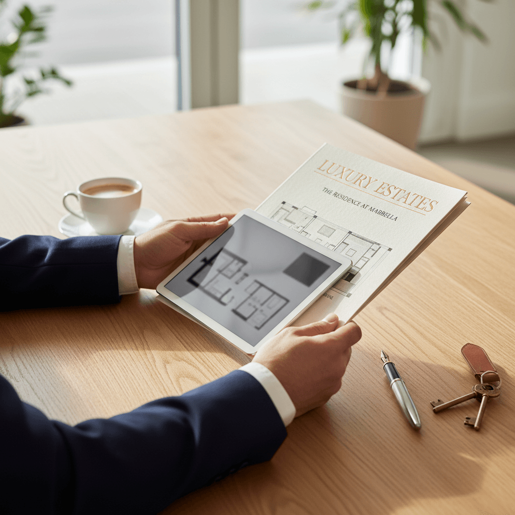 Real estate agent's hands holding property listing document and tablet at wooden desk with keys and pen