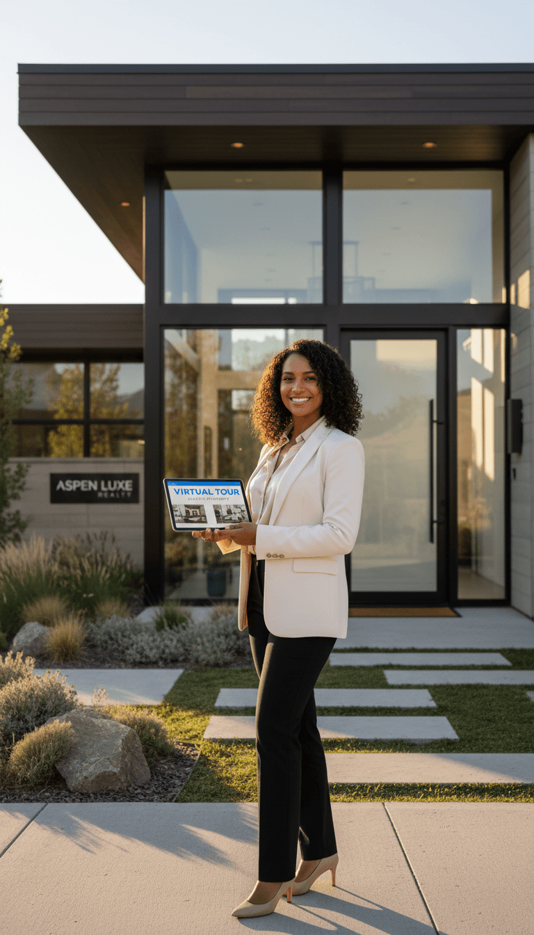 Professional real estate agent standing confidently at modern residential property entrance with tablet, showcasing property in golden afternoon light