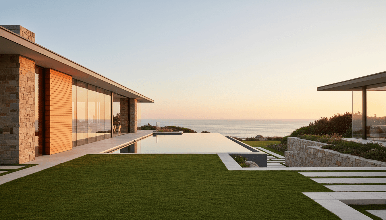 Modern luxury oceanfront estate with contemporary architecture, infinity pool, and manicured gardens at sunset