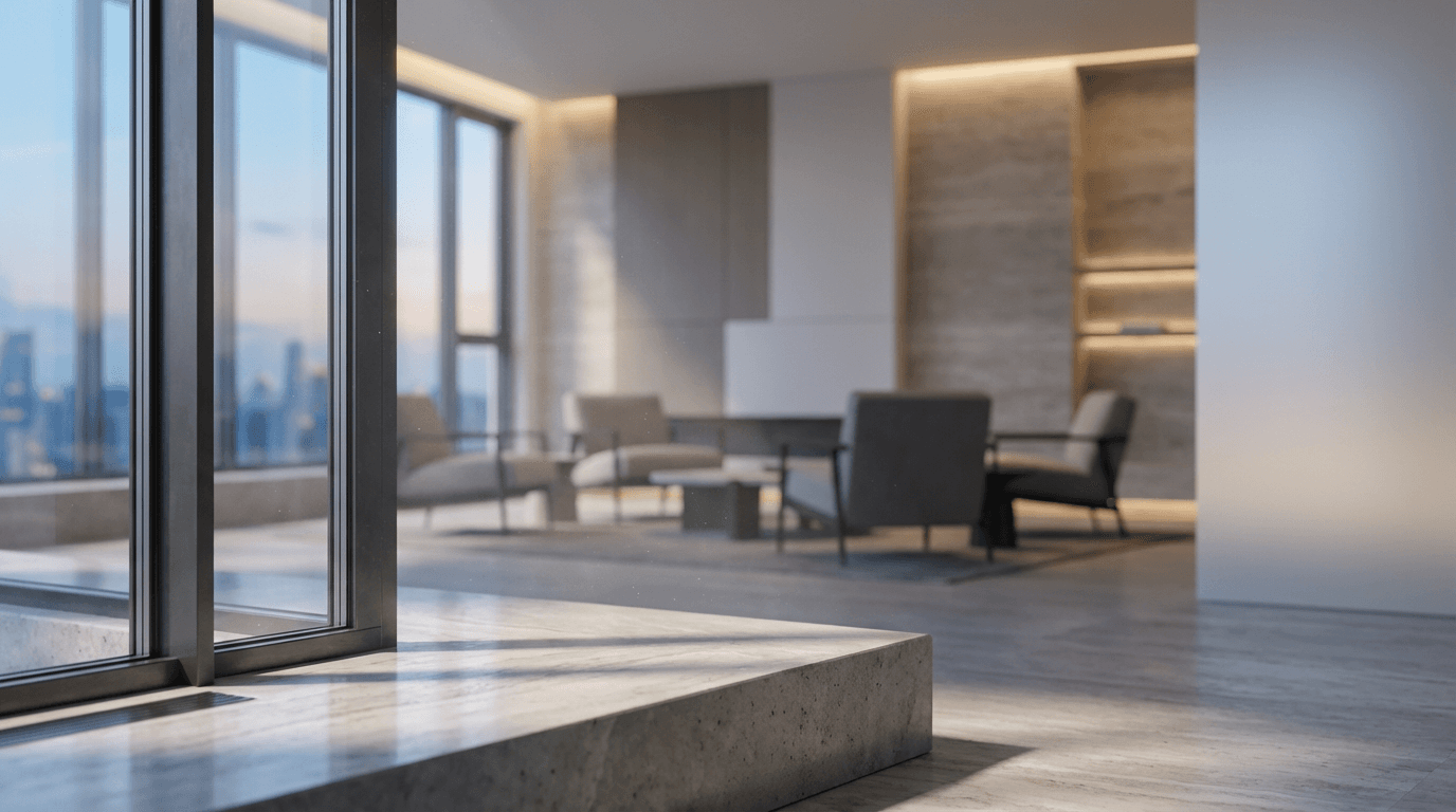 Modern minimalist interior with geometric architectural details, window light, and moving shadows creating depth.