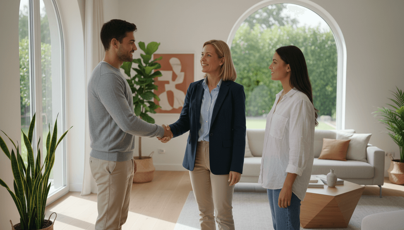 Real estate agent shaking hands with a couple during a bright, professional property viewing in a modern living room