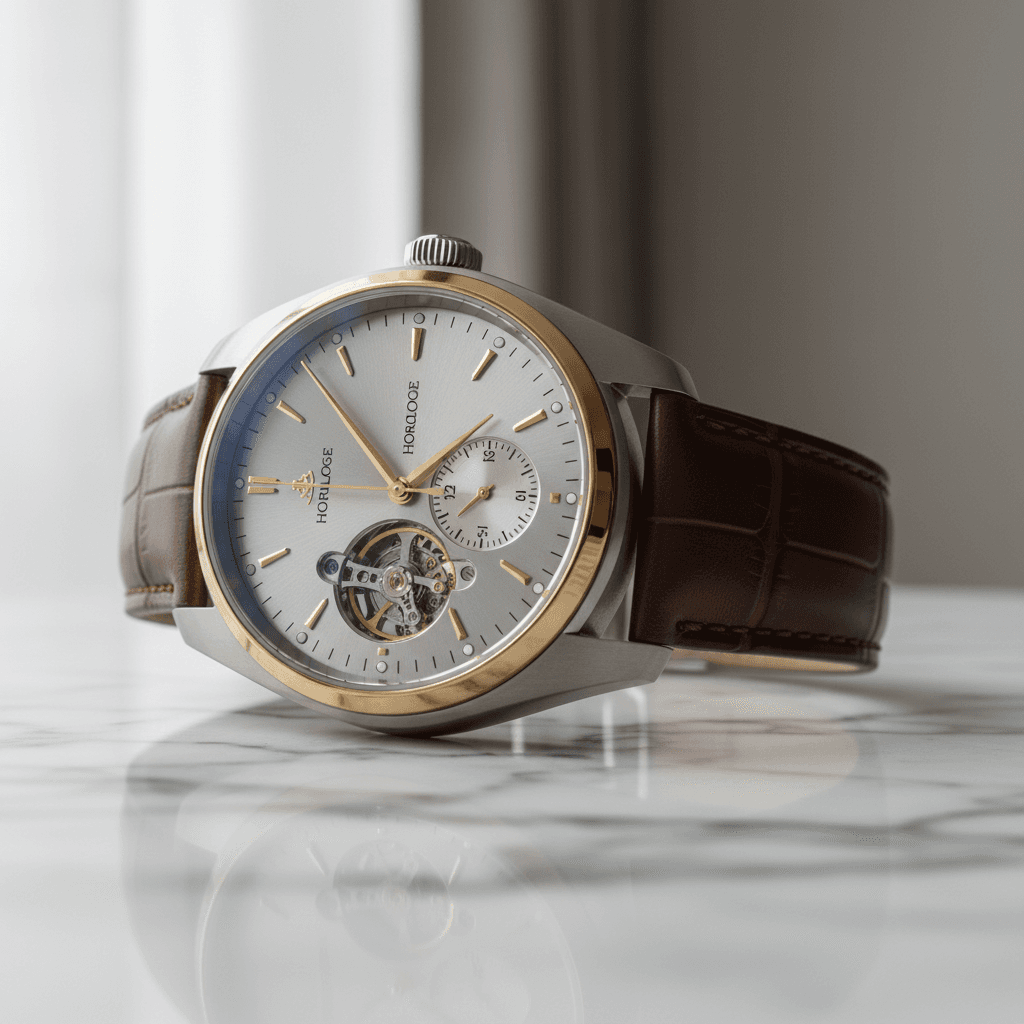Luxury mechanical watch displayed on marble with natural light highlighting sapphire crystal, dial details, and steel case finish